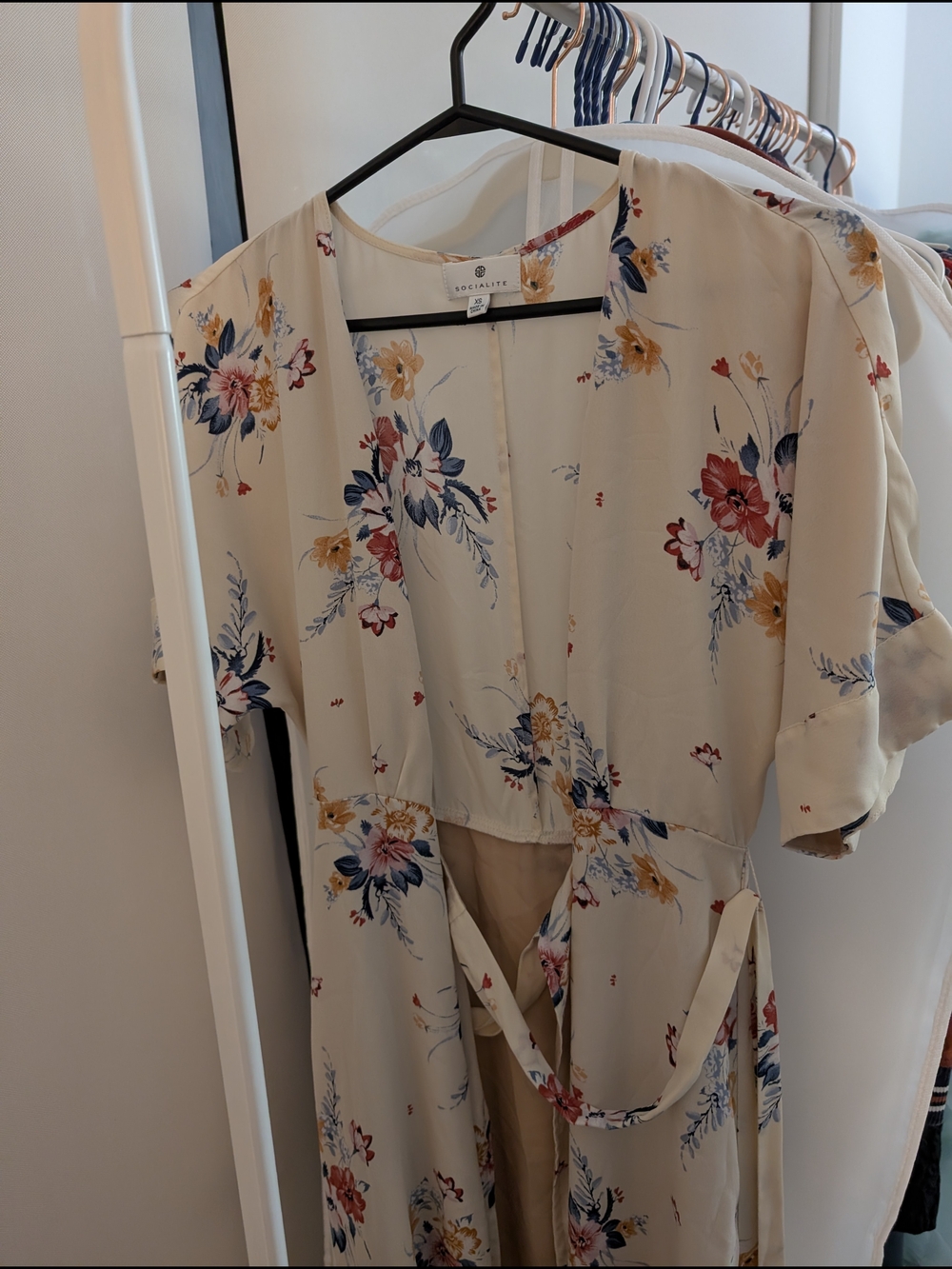 Floral Wrap Dress in Cream with Blue & Mustard Flowers